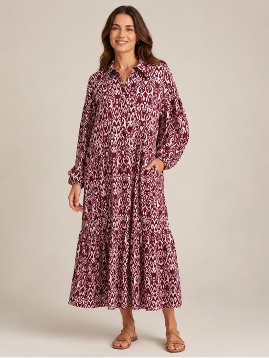 Anthropologie Dresses & Skirts - Maeve Bettina Tiered Shirt Dress from Anthropologie in a burgundy ikat print.S.